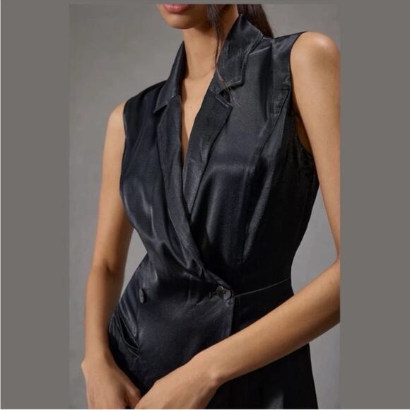 Anthropologie Women’s Blazer Black Satin Sleeveless Shorts Romper Size 2 - Picture 9 of 16
